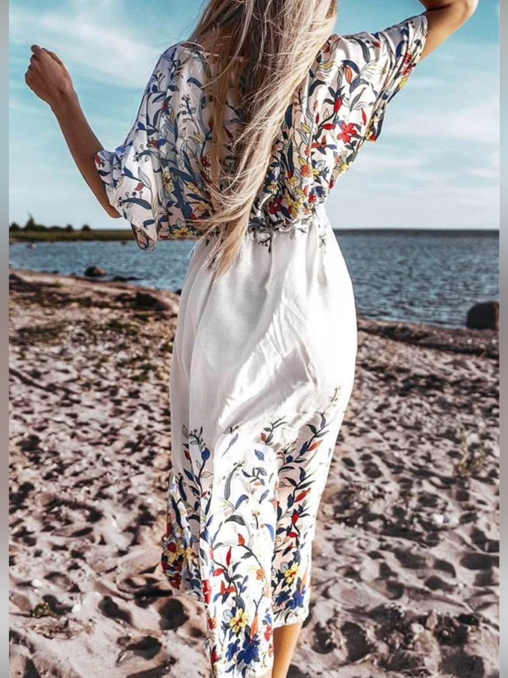 Cupshe White Floral Maxi Swim Coverup with Blue, Red & Yellow Accents